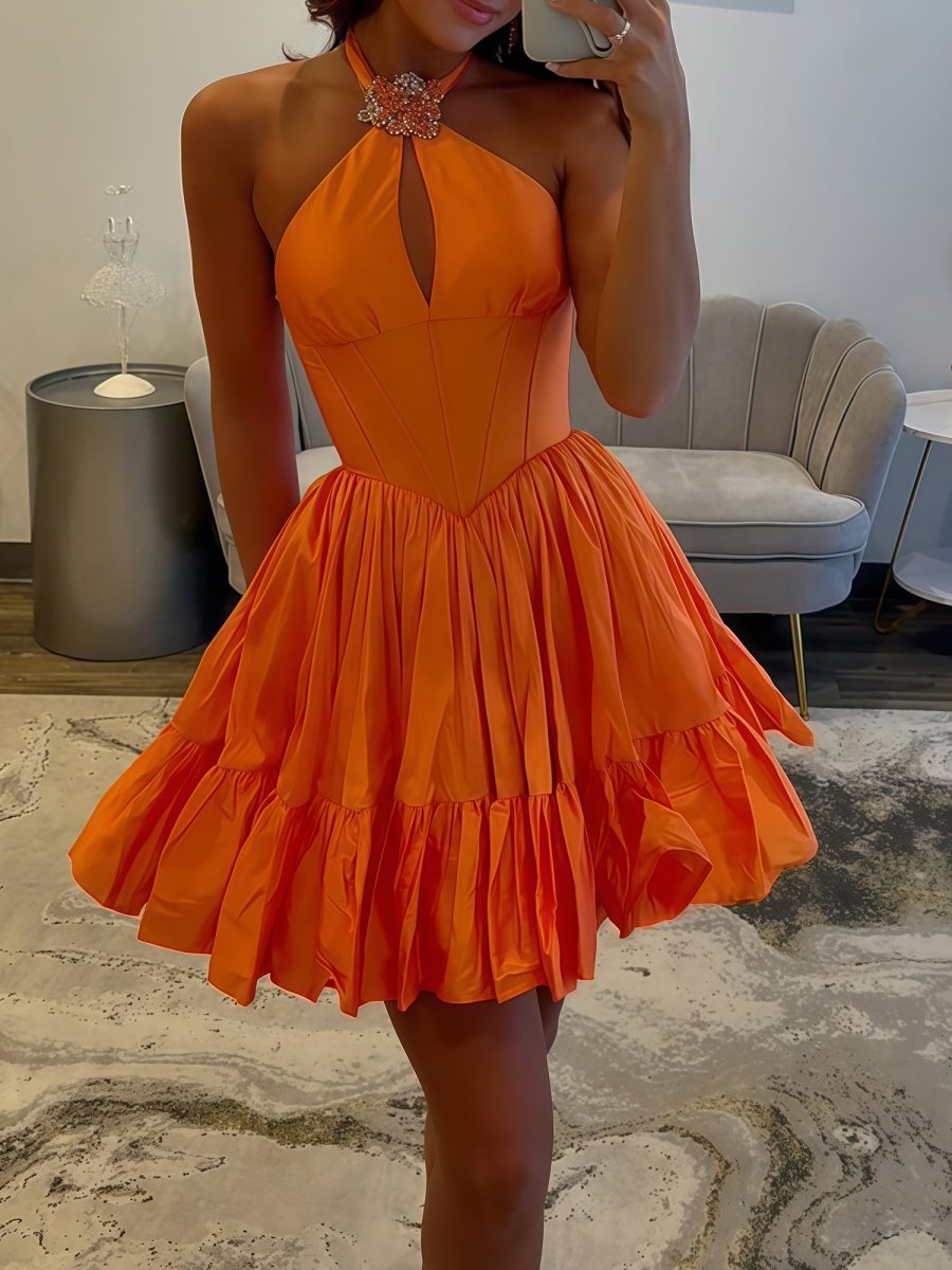 Lys | Orange - Halter A Line Ruffled Short Homecoming Dress With Beading
