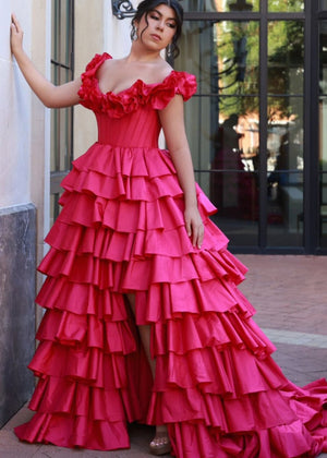 KissProm-Madelynn Fuchsia Off-Shoulder Ruched A-Line Layered Satin Prom Dress with Slit