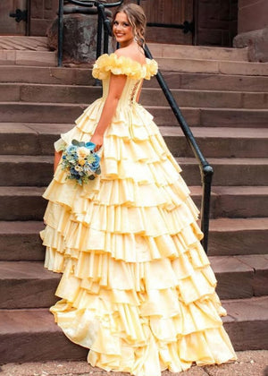 KissProm-Madelynn Yellow Off-Shoulder Ruched A-Line Layered Satin Prom Dress with Slit