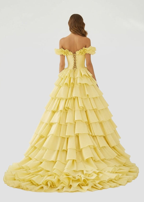 KissProm-Madelynn Yellow Off-Shoulder Ruched A-Line Layered Satin Prom Dress with Slit