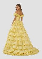 KissProm-Madelynn Yellow Off-Shoulder Ruched A-Line Layered Satin Prom Dress with Slit