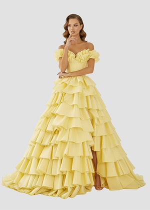 KissProm-Madelynn Yellow Off-Shoulder Ruched A-Line Layered Satin Prom Dress with Slit
