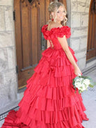 Madelynn | Off - Shoulder Ruched A - Line Layered Satin Prom Dress with Slit - KissProm