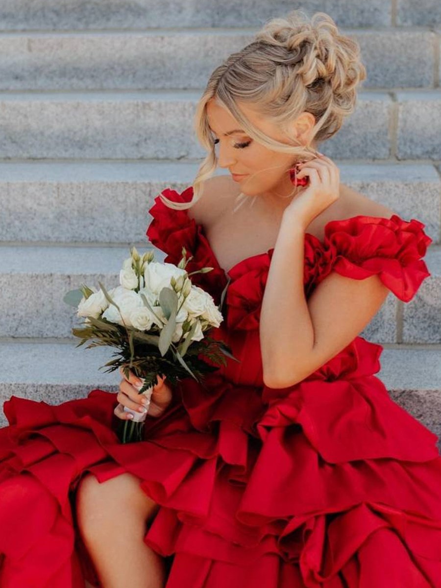 Madelynn | Off - Shoulder Ruched A - Line Layered Satin Prom Dress with Slit - KissProm