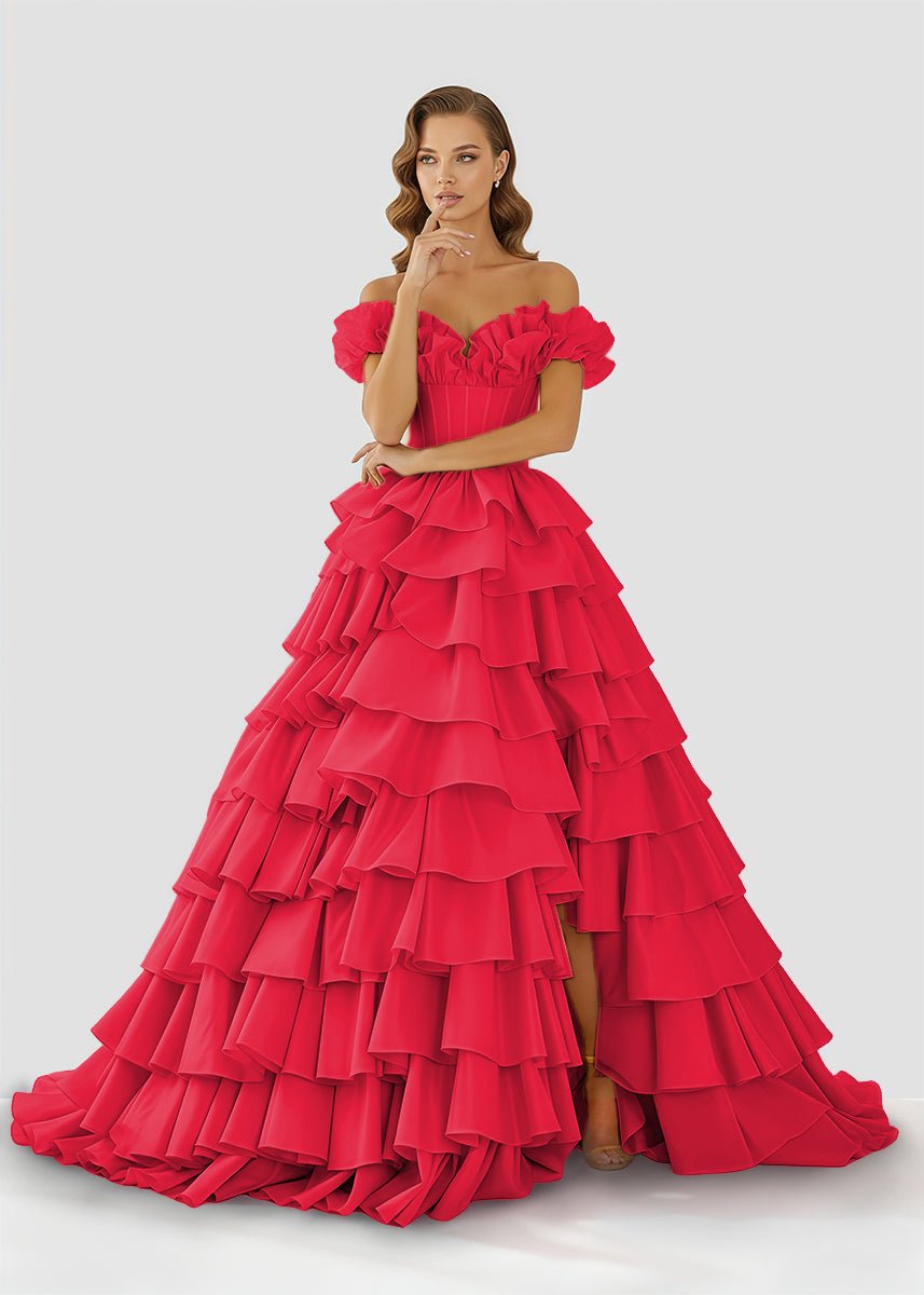 open lace back dress Off-Shoulder Ruched A-Line Layered Satin Prom Dress with Slit