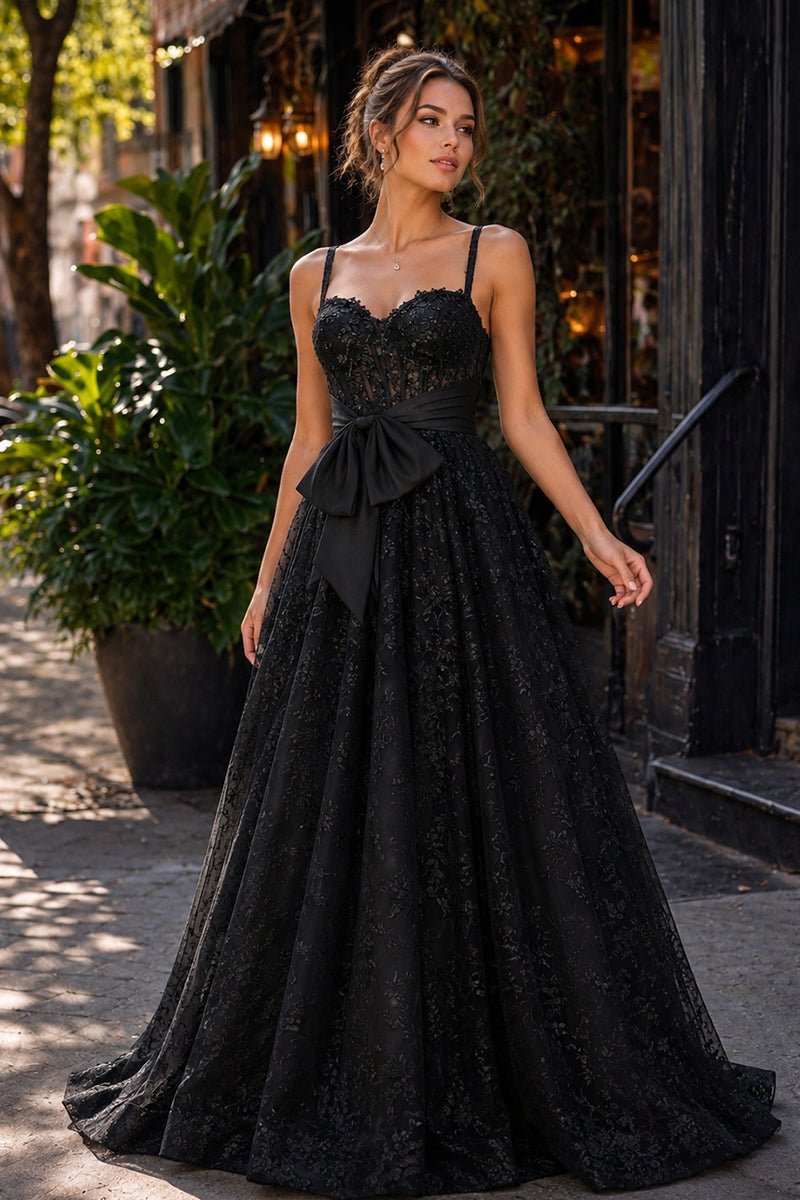 KissProm Pink Spaghetti Straps A Line Sequined Lace Long Prom Dresses With Bow, Black / 16