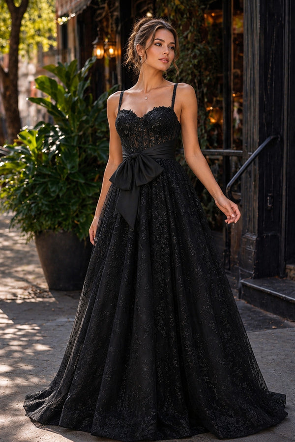 Pink Spaghetti Straps A Line Sequined Lace Long Prom Dresses With Bow - KissProm