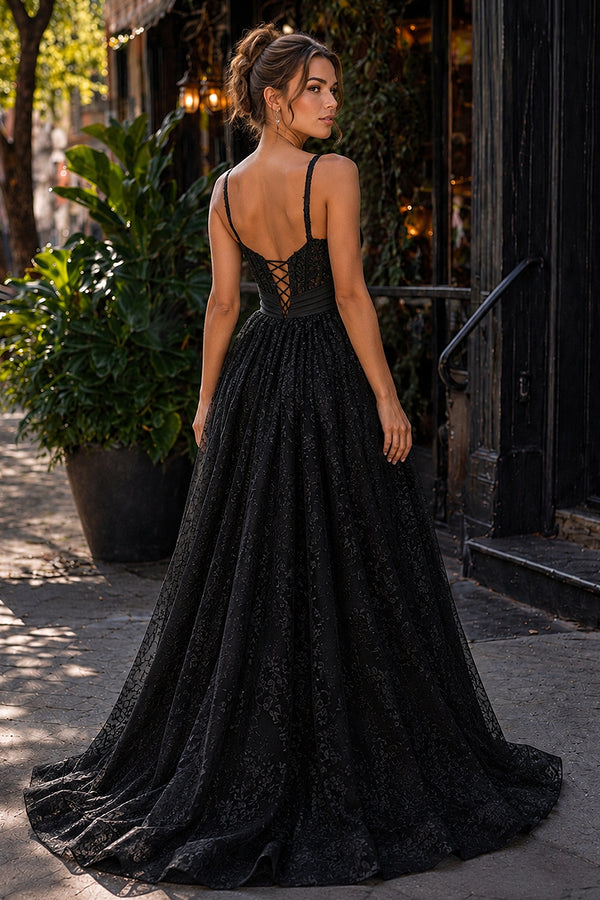 Pink Spaghetti Straps A Line Sequined Lace Long Prom Dresses With Bow - KissProm