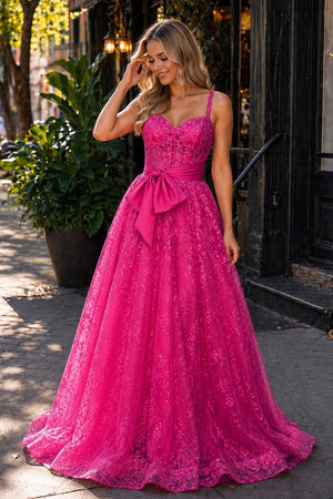 Pink Spaghetti Straps A Line Sequined Lace Long Prom Dresses With Bow - KissProm