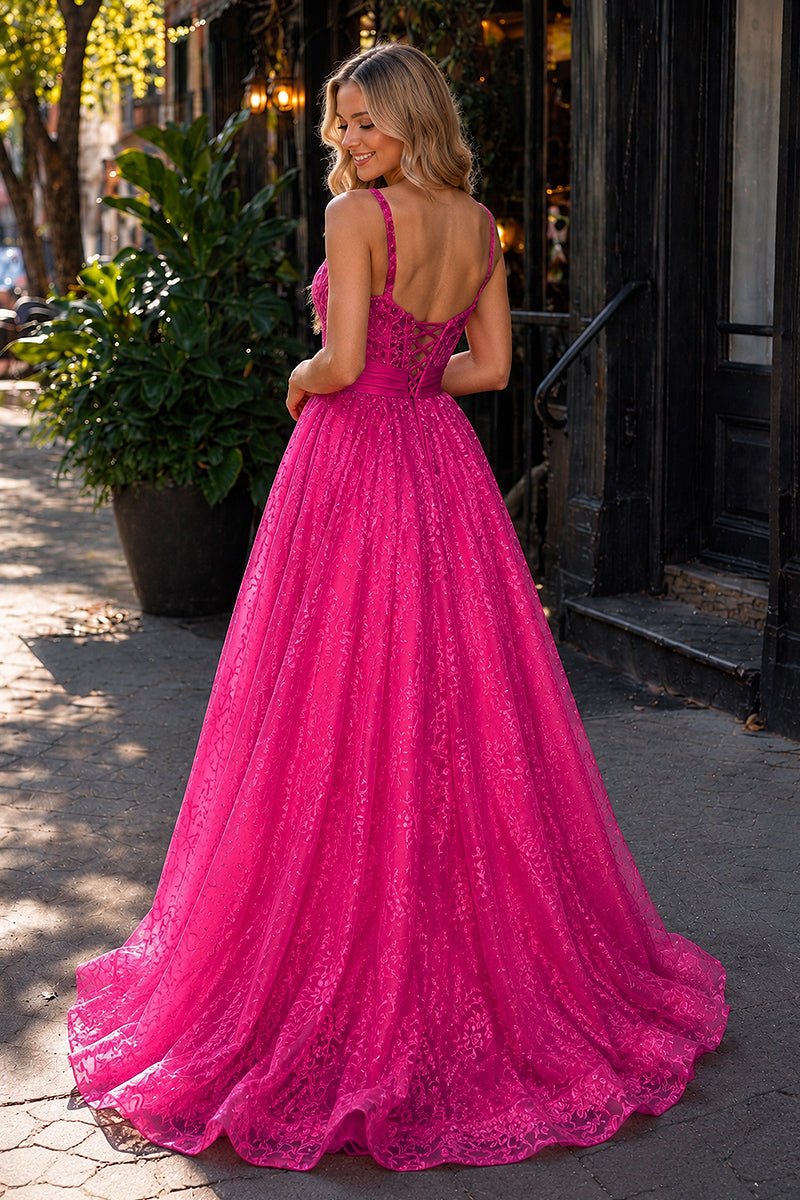 KissProm Pink Spaghetti Straps A Line Sequined Lace Long Prom Dresses With Bow, Fuchsia / 4