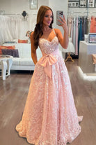 Madilyn | Pink - Sweetheart A Line Sequined Lace Long Prom Dresses With Bow -KissProm