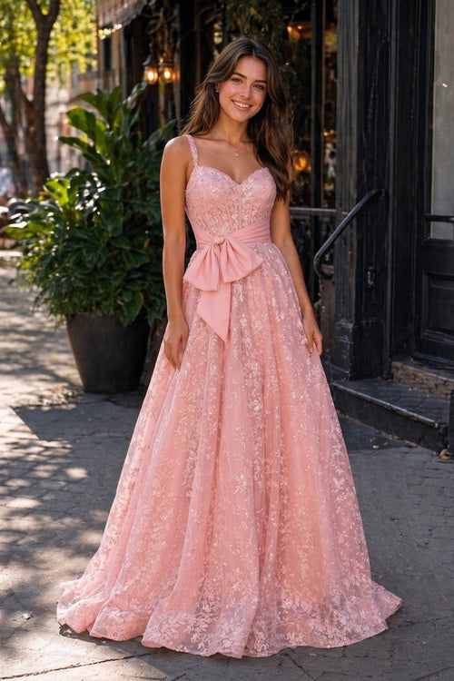Pink Spaghetti Straps A Line Sequined Lace Long Prom Dresses With Bow - KissProm