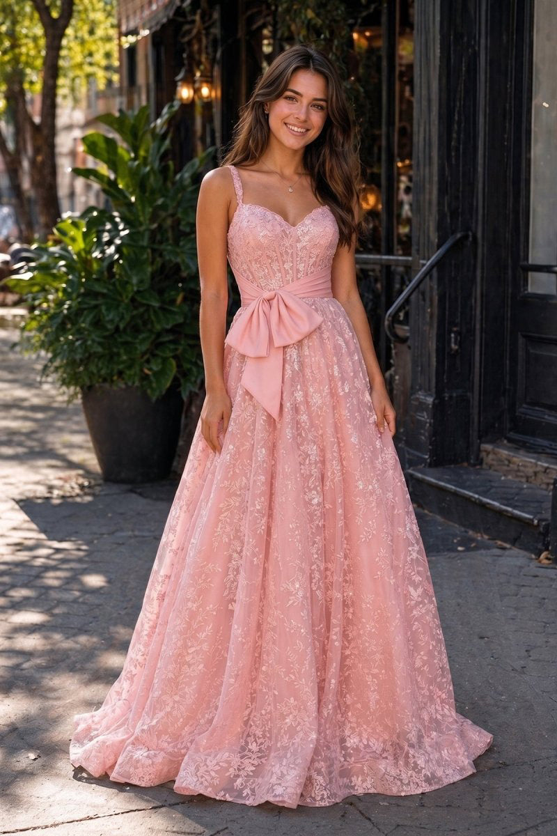KissProm Pink Spaghetti Straps A Line Sequined Lace Long Prom Dresses With Bow, Navy Blue / 16