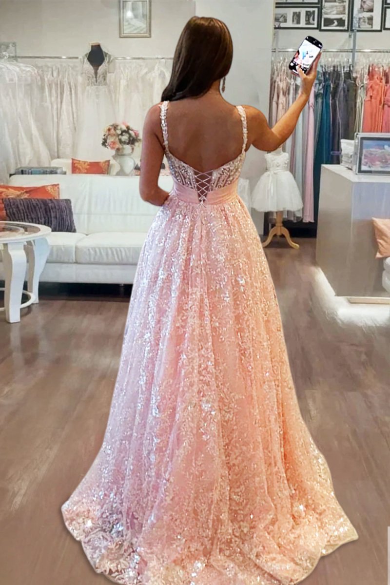 Pink Spaghetti Straps A Line Sequined Lace Long Prom Dresses With Bow
