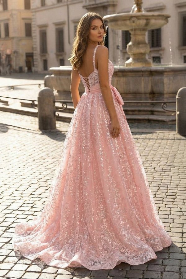 long pink prom dresses for sale Pink Spaghetti Straps A Line Sequined Lace Long Prom Dresses With Bow