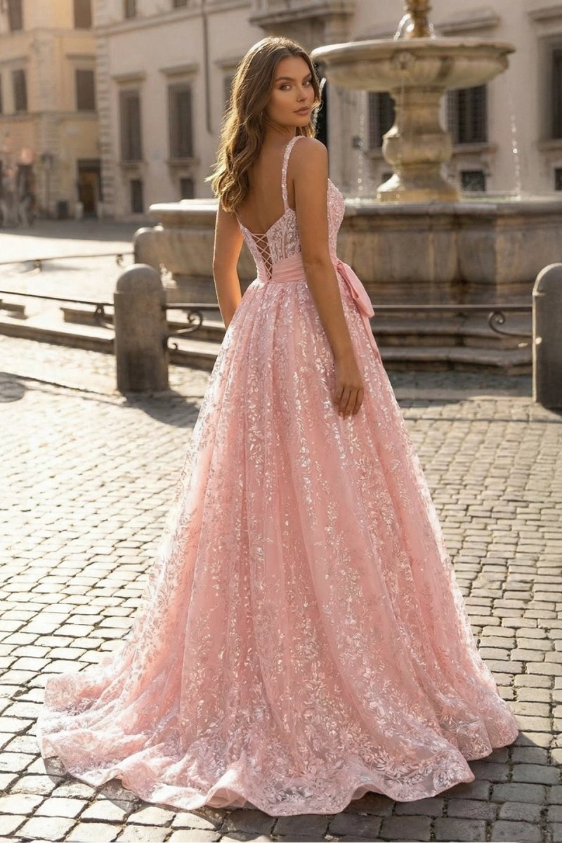 KissProm Pink Spaghetti Straps A Line Sequined Lace Long Prom Dresses With Bow, Pink / 2