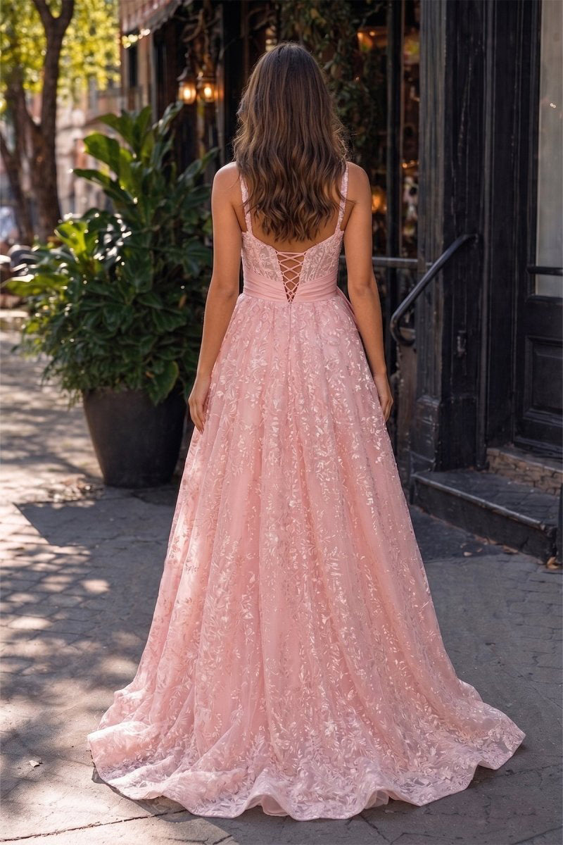 KissProm Pink Spaghetti Straps A Line Sequined Lace Long Prom Dresses With Bow, Pink / 2