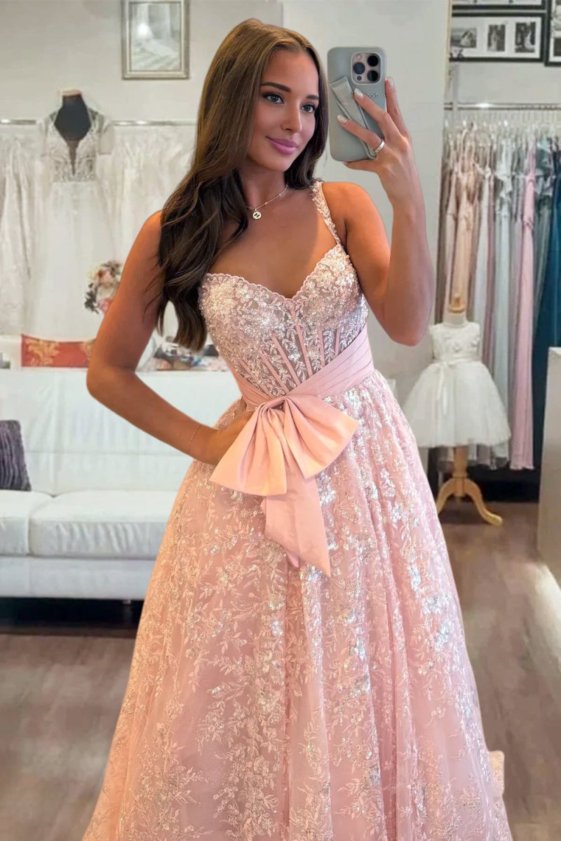 Pink Spaghetti Straps A Line Sequined Lace Long Prom Dresses With Bow Pink / 2 Pink Spaghetti Straps A Line Sequined Lace Long Prom Dresses With Bow Pink / 2