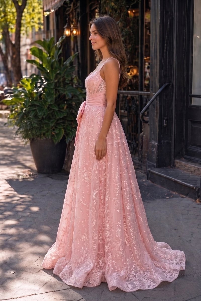 KissProm Pink Spaghetti Straps A Line Sequined Lace Long Prom Dresses With Bow, Pink / 2