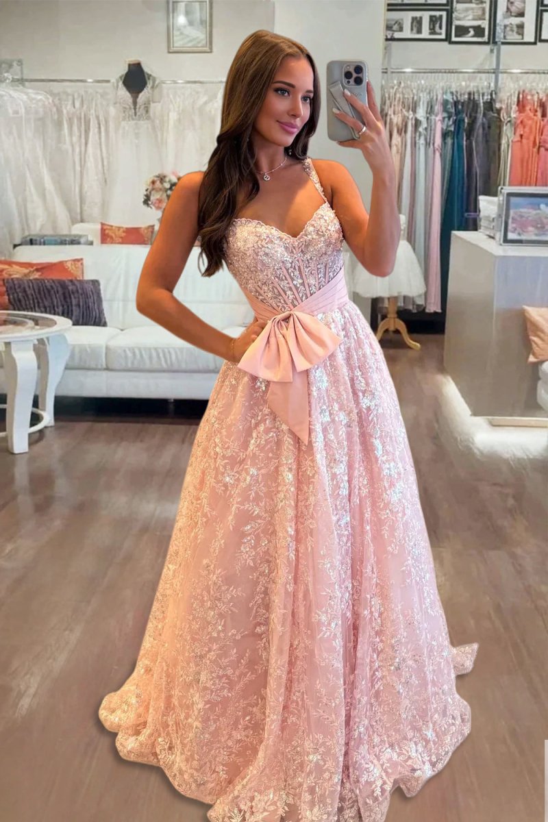 Pink Spaghetti Straps A Line Sequined Lace Long Prom Dresses With Bow