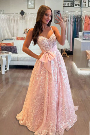 Pink Spaghetti Straps A Line Sequined Lace Long Prom Dresses with Bow Pink / 2