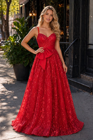 Pink Spaghetti Straps A Line Sequined Lace Long Prom Dresses With Bow - KissProm