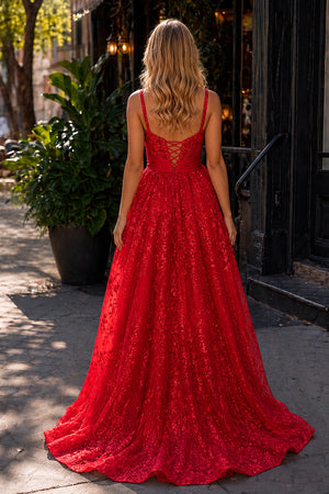 Pink Spaghetti Straps A Line Sequined Lace Long Prom Dresses With Bow - KissProm