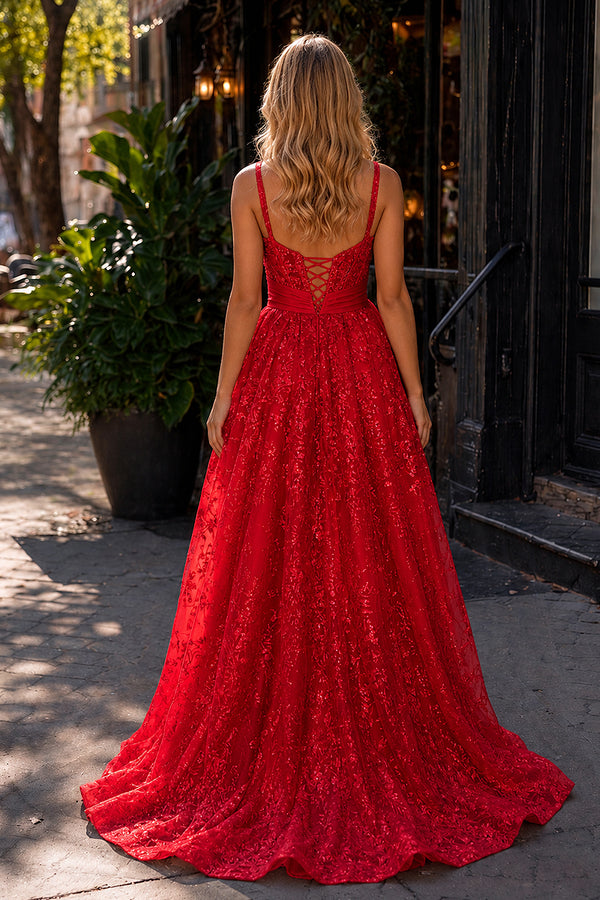 Pink Spaghetti Straps A Line Sequined Lace Long Prom Dresses With Bow - KissProm