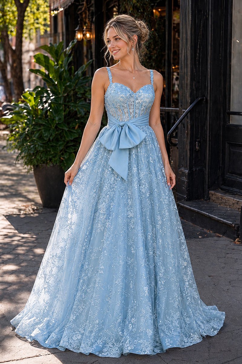 Sky Blue Spaghetti Straps A Line Sequined Lace Long Prom Dresses With Bow - KissProm
