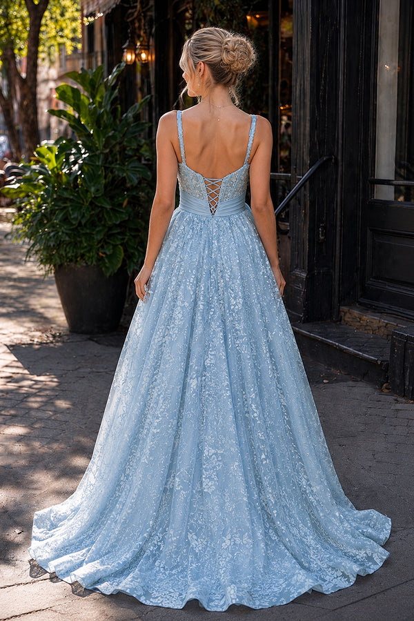 Pink Spaghetti Straps A Line Sequined Lace Long Prom Dresses With Bow - KissProm