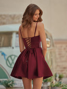 Maelwin | Burgundy - A Line Straps Satin Short Homecoming Dresses With Flower