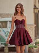 Maelwin | Burgundy - A Line Straps Satin Short Homecoming Dresses With Flower