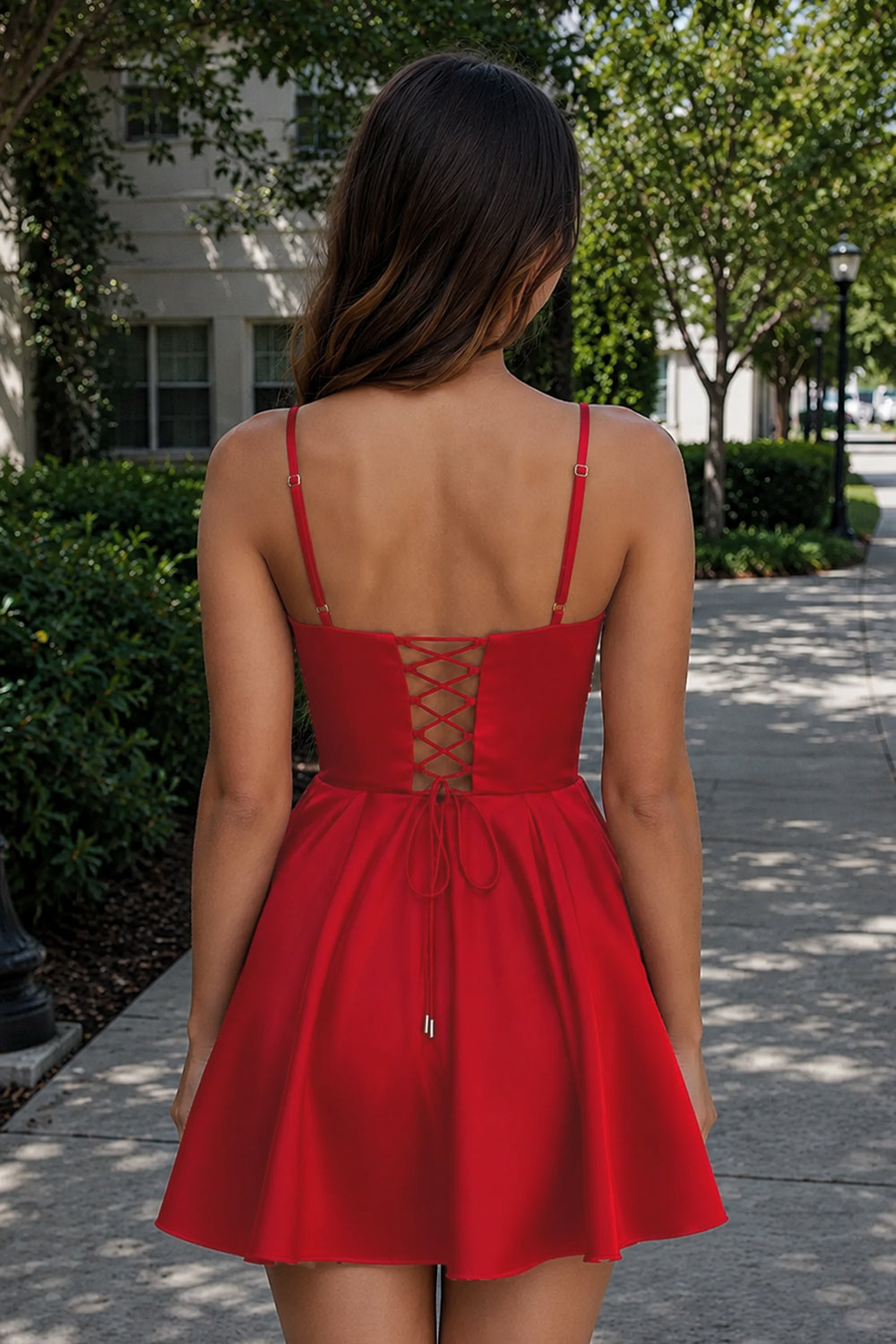 Maelwin | Red - A Line Straps Satin Short Homecoming Dresses With Flower