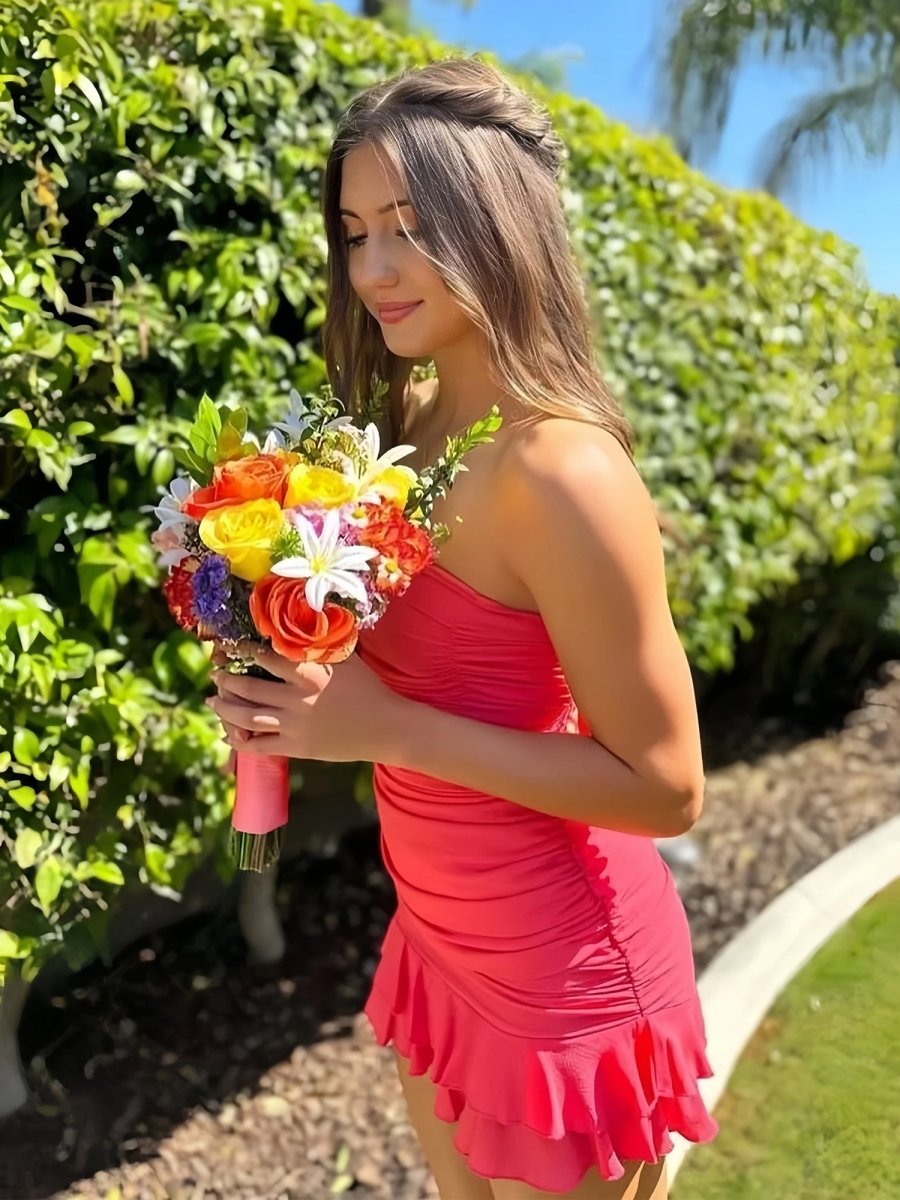 Maevira | Hot Pink - Strapless Bodycon Spandex Ruffles Short Homecoming Dresses