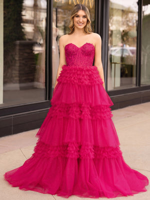 A-Line Sweetheart Tiered Long Tulle Prom Dress - Kissprom