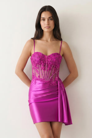 Magenta Cami Straps Sheath Satin Corset Appliqued Homecoming Dress - KISSPROM
