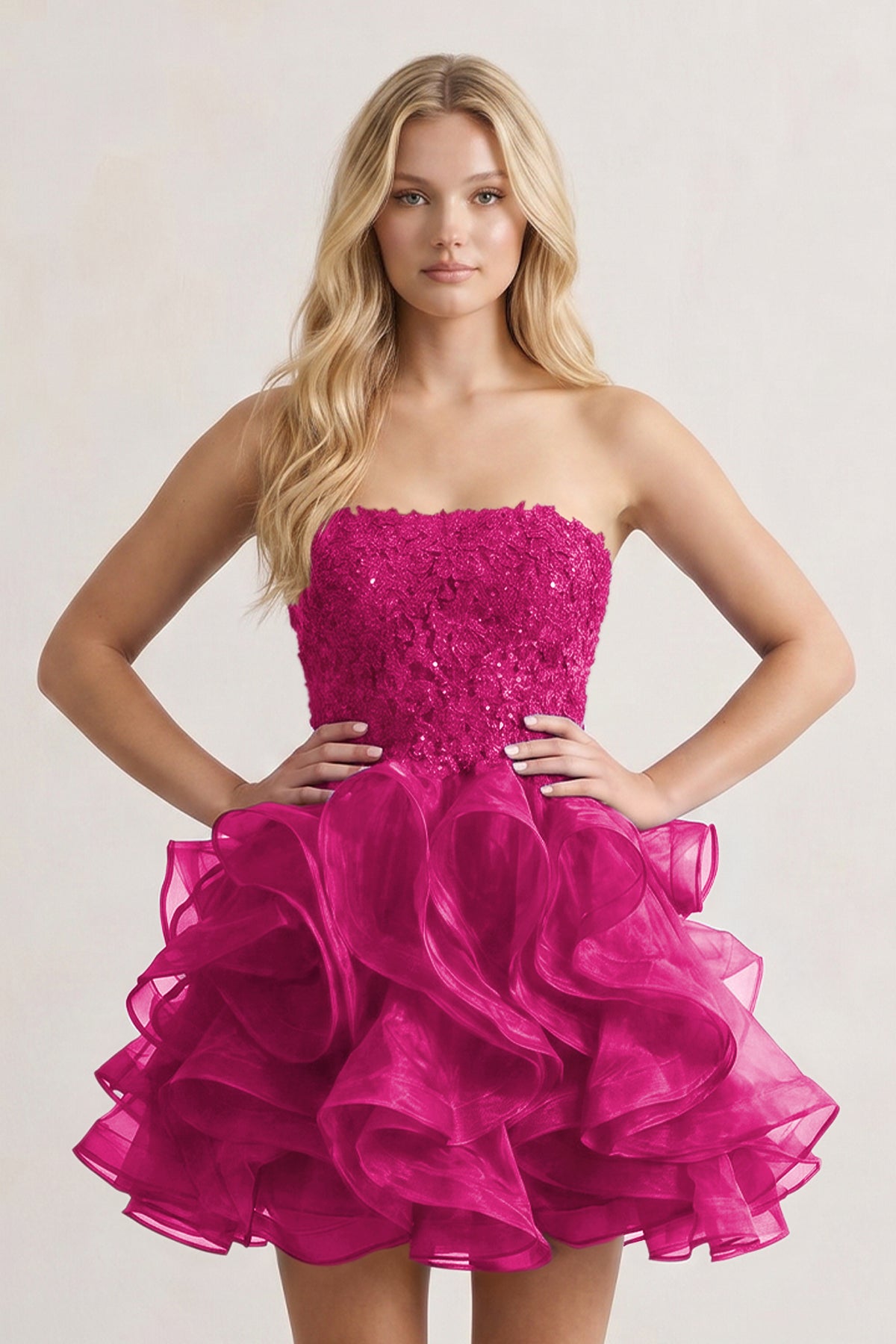 KissProm A-line Lace Appliques Organza Short Homecoming Dress, Magenta / 2