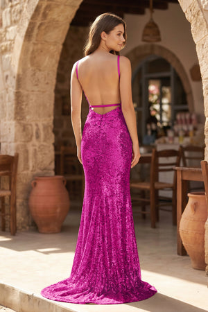 Magenta Mermaid V Neck Sequins Prom Dress with Slit (3) | KISSPROM