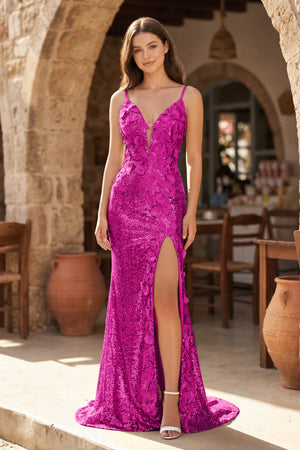 Magenta Mermaid V Neck Sequins Prom Dress with Slit | KISSPROM