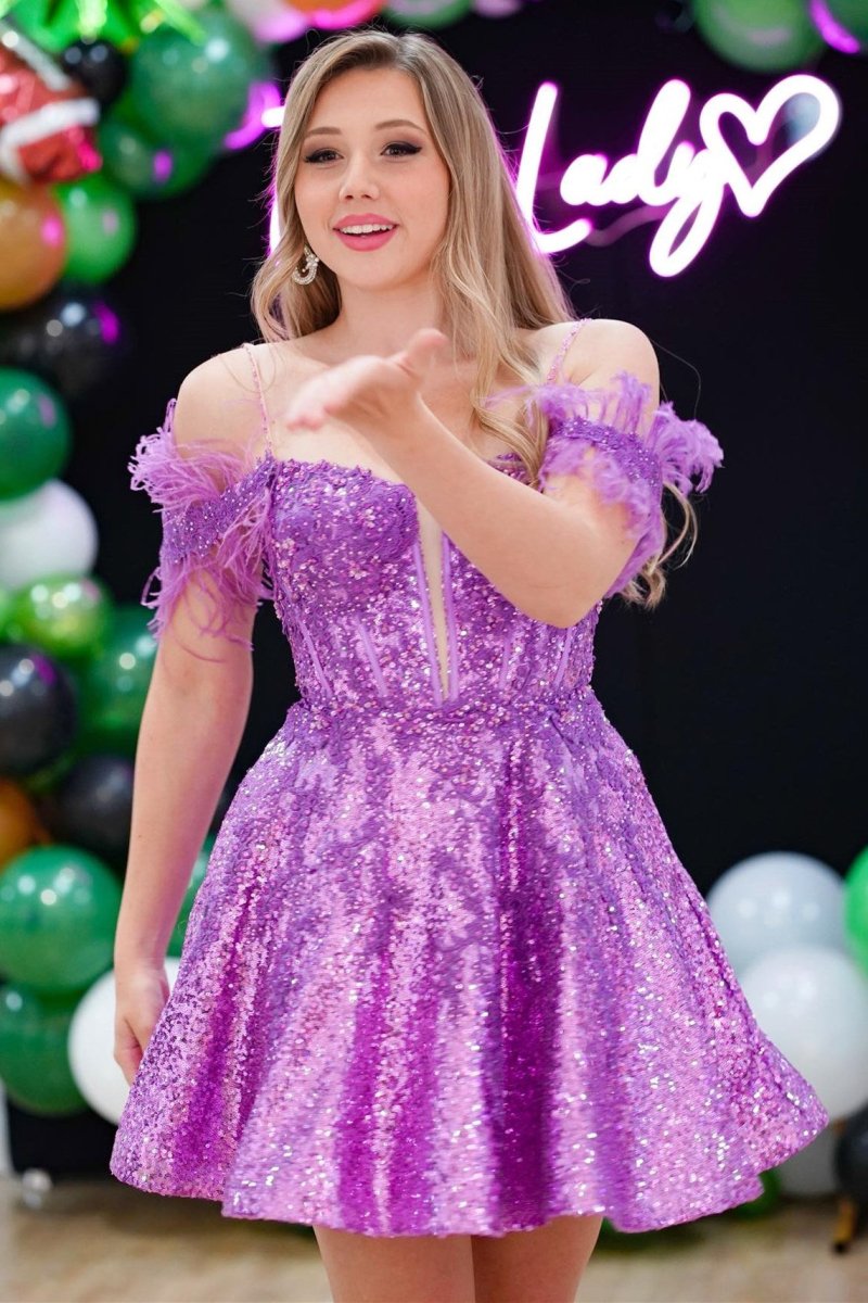 Purple Sequin Feather Cold-Shoulder A-Line Short Dress