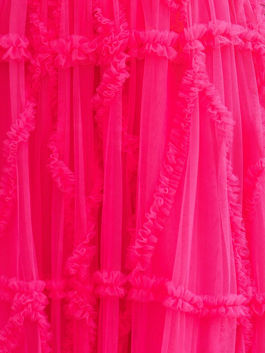 A-Line Strapless Ruffles Long Formal Dress with Puff Sleeves, Magenta / 6