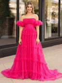 A-Line Strapless Ruffles Long Formal Dress with Puff Sleeves – Prom Dress by KissProm | Available at KissProm