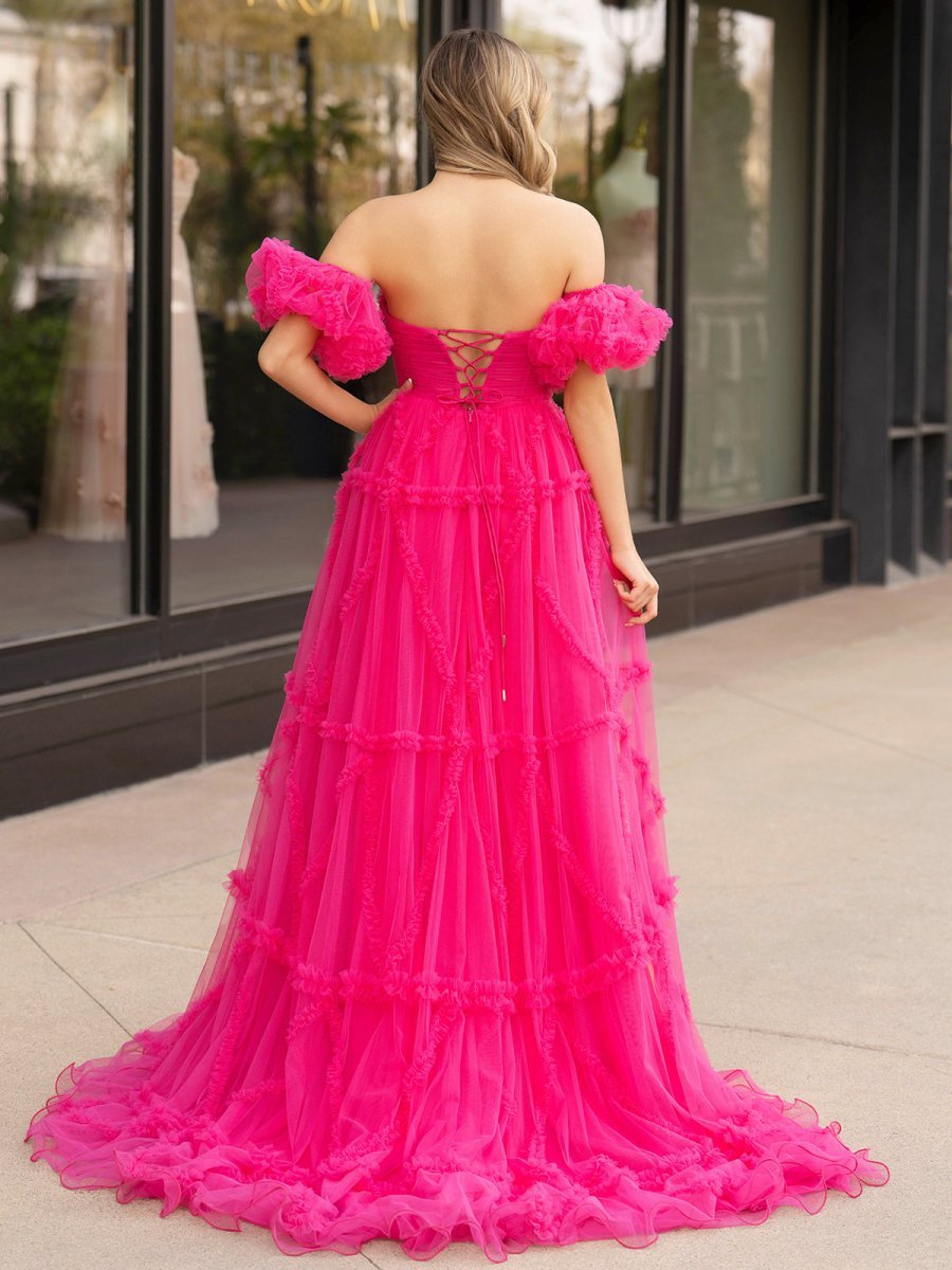 KissProm A-Line Strapless Ruffles Long Formal Dress with Puff Sleeves, Fuchsia / 2