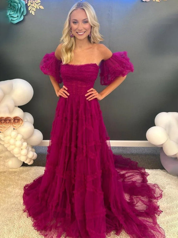 Lainey Magenta A-Line Strapless Ruffles Long Formal Dress with Puff Sleeves