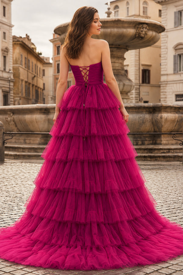 A-Line Strapless Tiered Tulle Prom Dress with Ruffles - KissProm