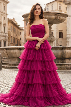 A-Line Strapless Tiered Tulle Prom Dress with Ruffles - KissProm