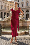 Pink - Sheath Cowl Neck Satin Pleated Formal Prom Dresses With Ruffles - KissProm