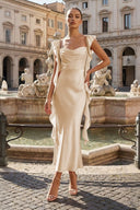 Pink - Sheath Cowl Neck Satin Pleated Formal Prom Dresses With Ruffles - KissProm
