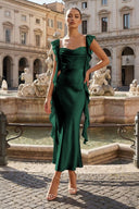 Pink - Sheath Cowl Neck Satin Pleated Formal Prom Dresses With Ruffles - KissProm