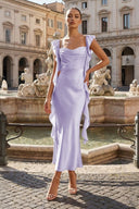 Pink - Sheath Cowl Neck Satin Pleated Formal Prom Dresses With Ruffles - KissProm